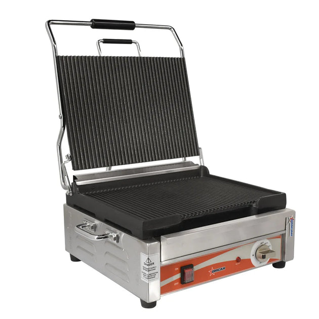 Omcan PG-CN-0679-R single panini grill with grooved cast iron plates