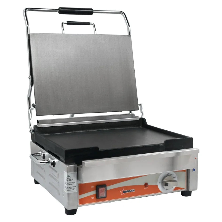 Omcan PG-CN-0679-F single panini grill with smooth 12 x 15 inch cast iron plates