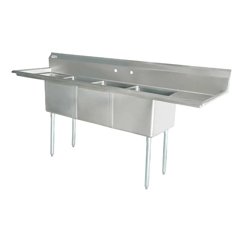 Omcan 22117 90 inch three tub stainless steel sink with two drainboards