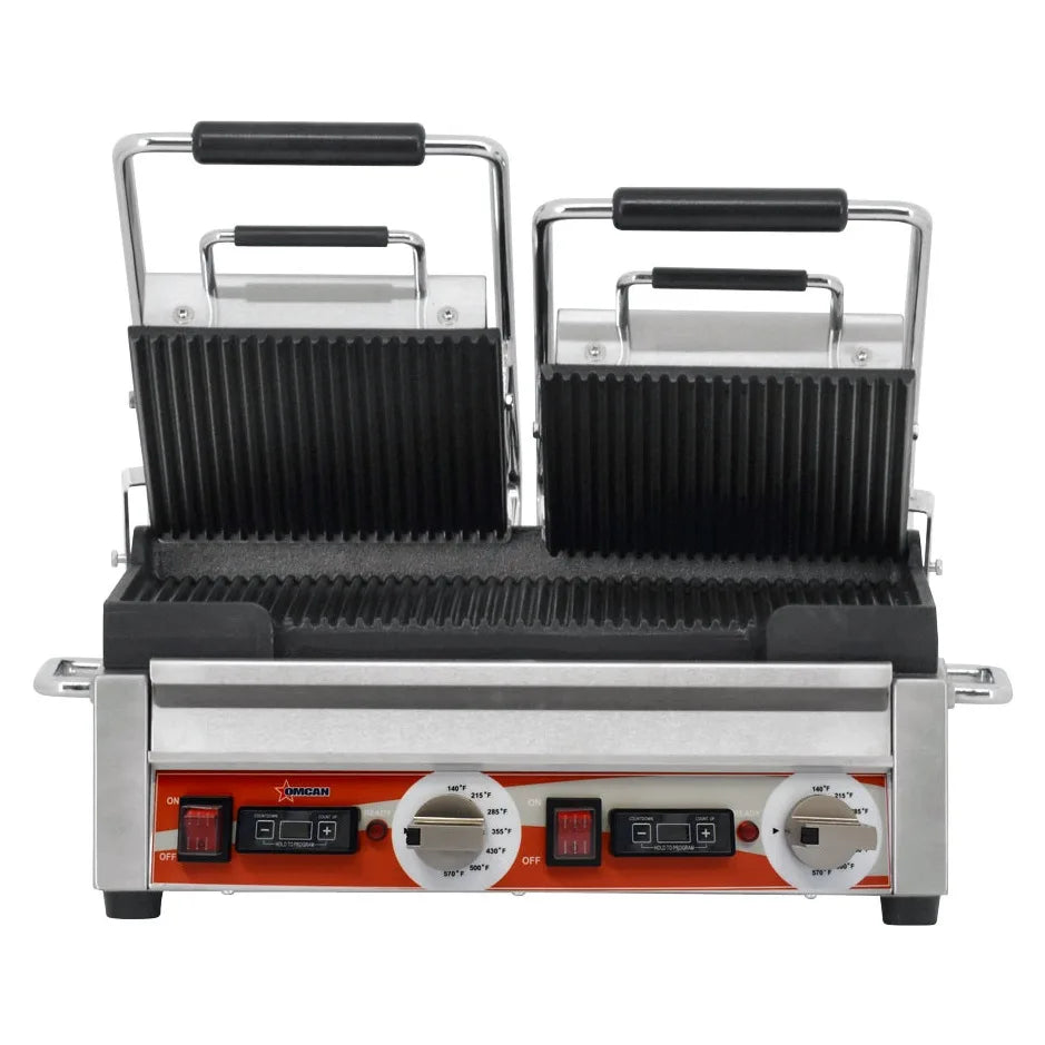 Omcan PG-CN-0711-RT double panini grill with grooved plates and timer