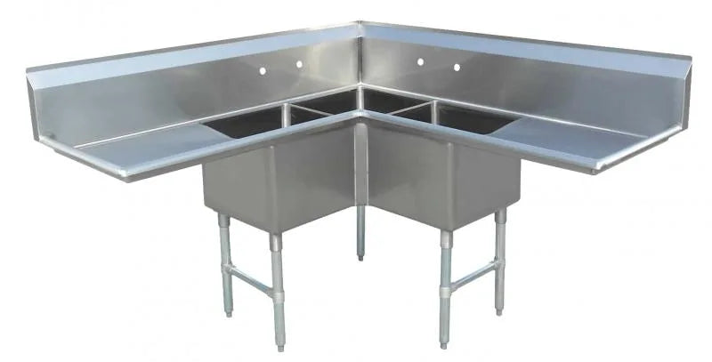 Omcan 43073 three compartment stainless steel corner sink with two drainboards