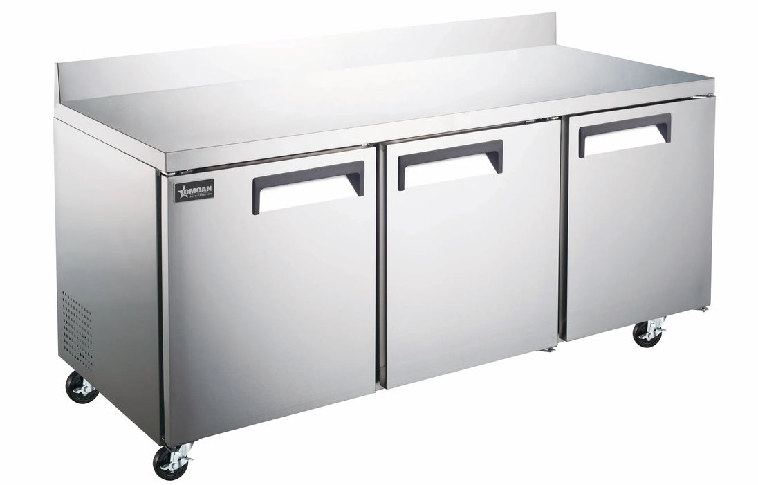 Omcan RE-CN-0016-BS-HC 72 inch three door worktop refrigerator with backsplash