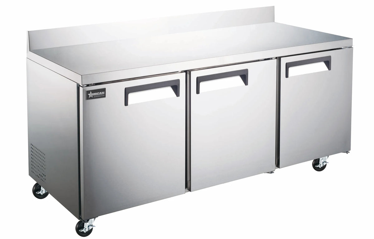 Omcan RE-CN-0016-BS-HC 72 inch three door worktop refrigerator with backsplash