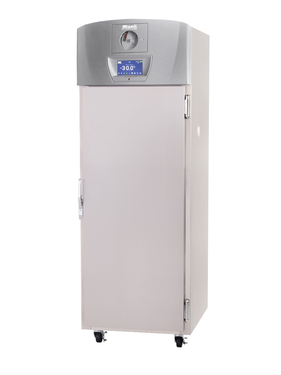 Migali Industries EVOX-1F-BB Plasma Freezer 20.2 Cu. Ft. - single solid door upright freezer at -30C with chart recorder, front quarter view