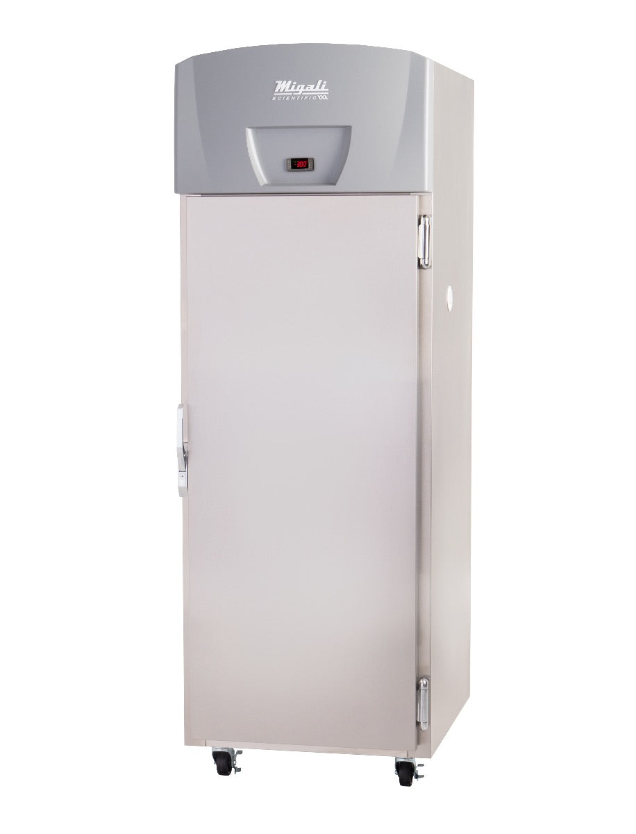 Migali Industries EVOX-1F-LB-RC Medical-Grade Freezer 20.2 Cu. Ft. - single solid door upright freezer with digital temperature controller, front quarter view