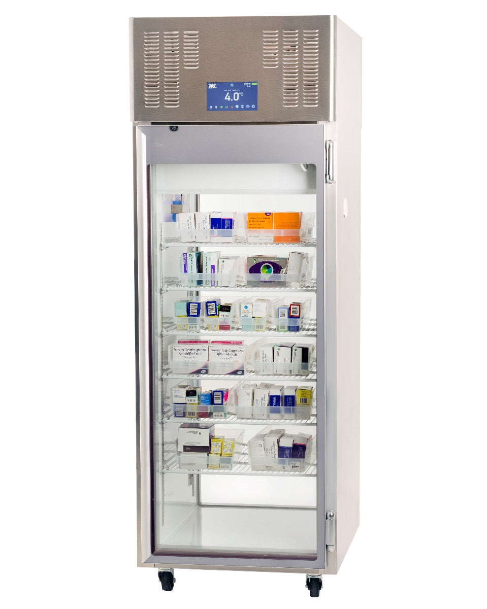 Migali Industries EVOX-1PT-LB Clean Room Pass-thru Refrigerator 21.8 Cu. Ft. - single glass door, clean room side stocked with pharmaceuticals