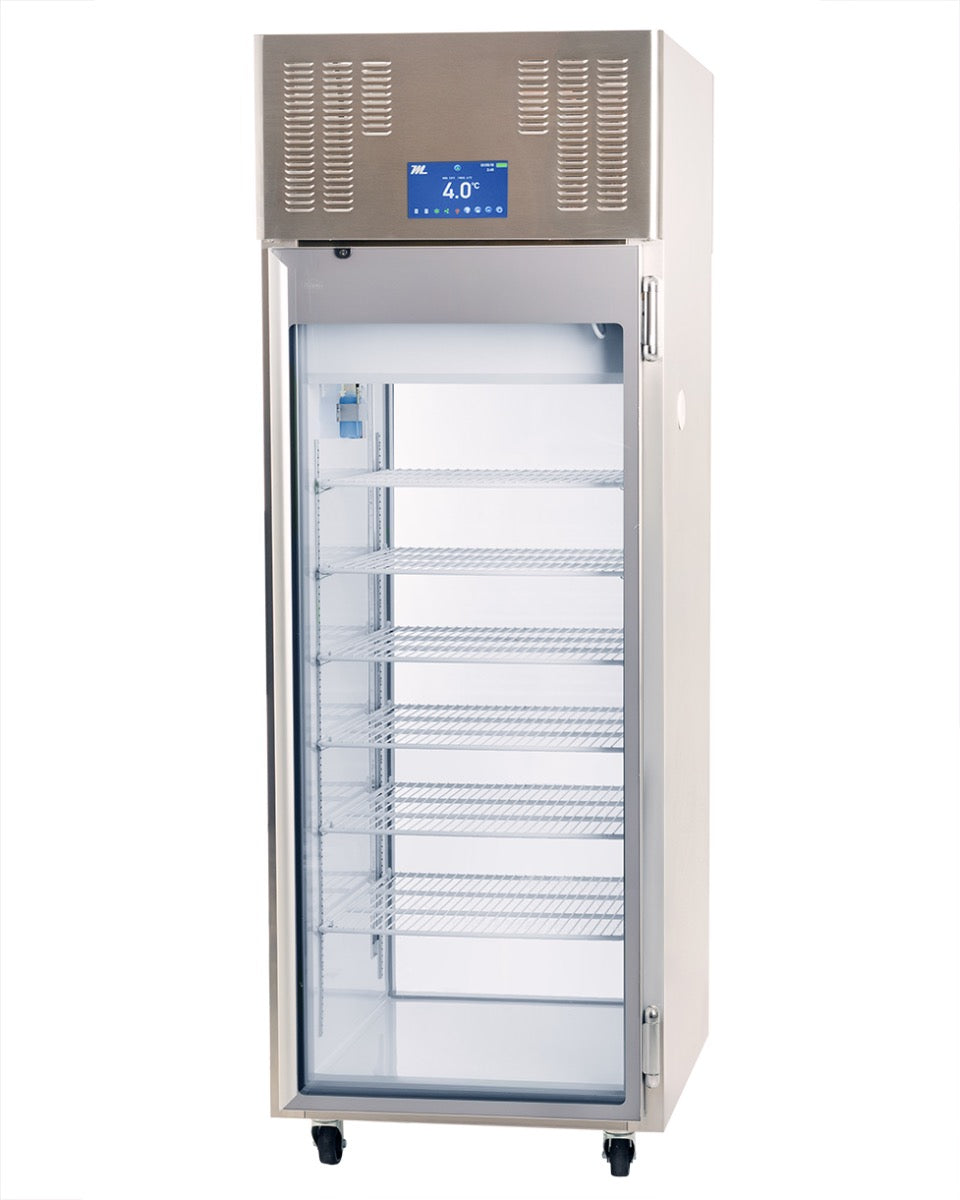 Migali Industries EVOX-1PT-LB Clean Room Pass-thru Refrigerator 21.8 Cu. Ft. - single glass door with wire shelves and digital controller, front quarter view