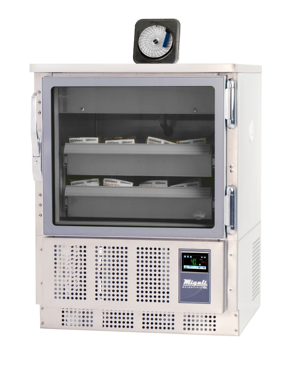 Migali Industries EVOX-U1RG-BB Blood Bank Refrigerator 4.2 Cu. Ft. - single glass door undercounter refrigerator stocked with blood bags, front view