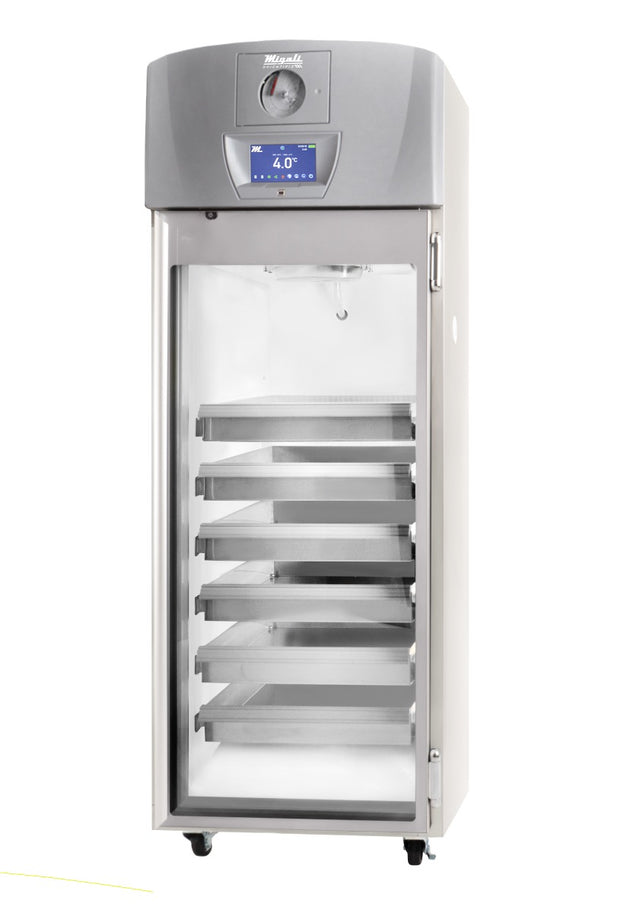 Migali Industries EVOX-1RG-BB Blood Bank Upright Refrigerator 20.2 Cu. Ft. - single glass door with pull-out blood storage baskets and chart recorder, front view