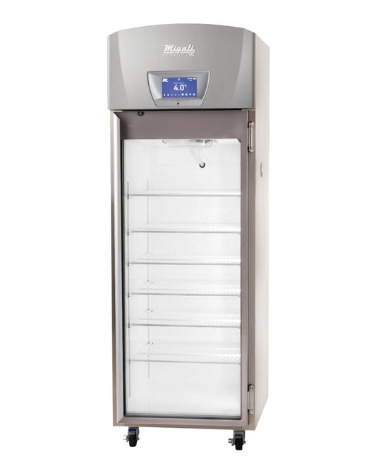 Migali Industries EVOX-1RG-LB-RC Medical-Grade Refrigerator 20.2 Cu. Ft. - single glass door upright with wire shelves, front view