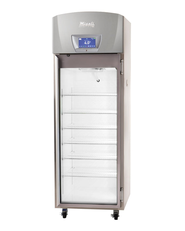Migali Industries EVOX-1RG-LB-RC Medical-Grade Refrigerator 20.2 Cu. Ft. - single glass door upright with wire shelves, front view