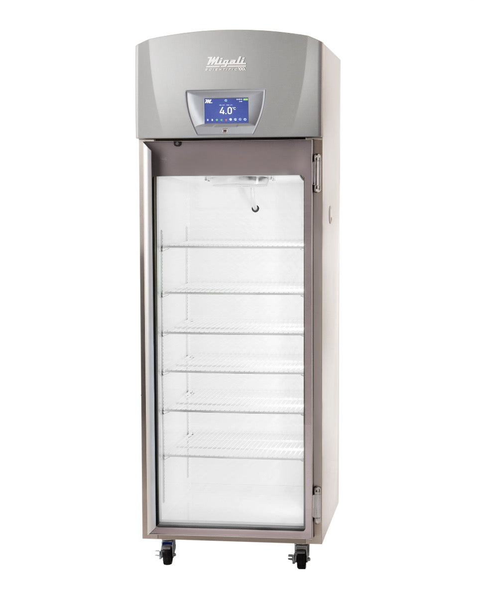 Migali Industries EVOX-1RG-LB-RC Medical-Grade Refrigerator 20.2 Cu. Ft. - single glass door upright with wire shelves, front view