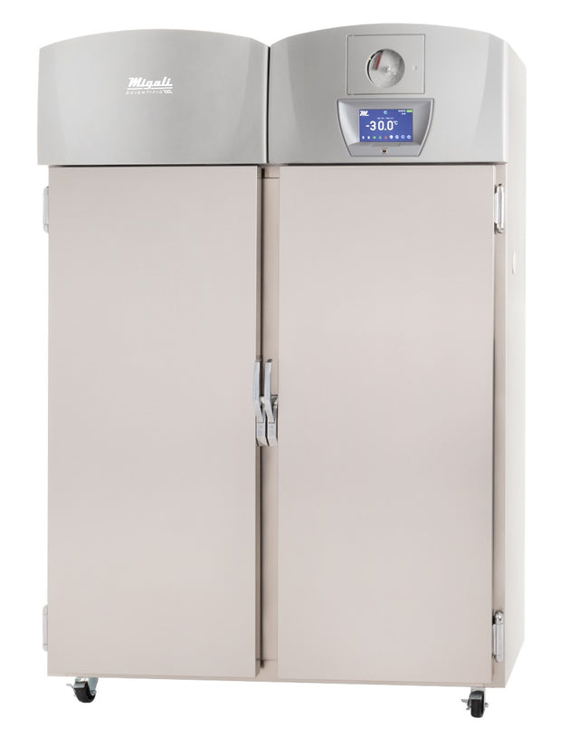 Migali Industries EVOX-2F-BB Plasma Freezer 44.9 Cu. Ft. - two solid door upright freezer at -30C with chart recorder, front quarter view