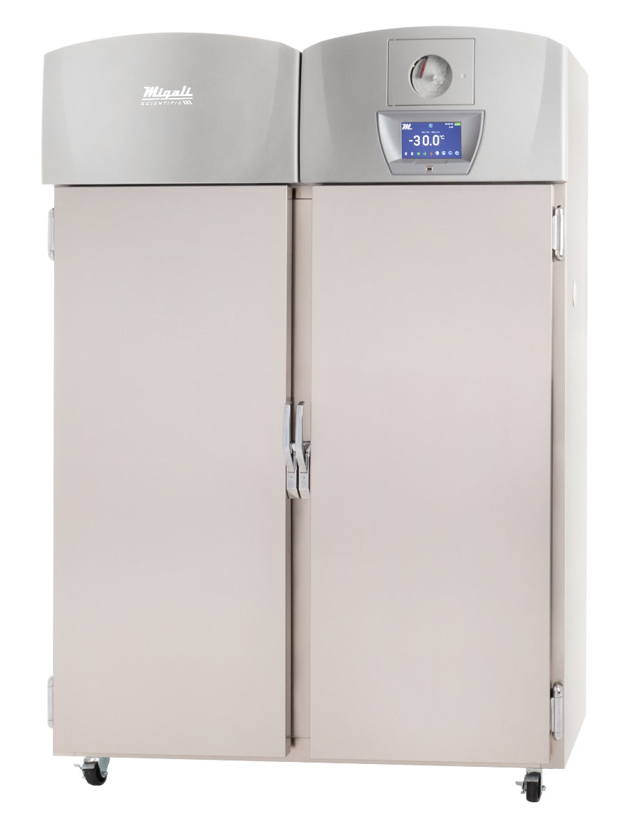 Migali Industries EVOX-2F-BB Plasma Freezer 44.9 Cu. Ft. - two solid door upright freezer at -30C with chart recorder, front quarter view