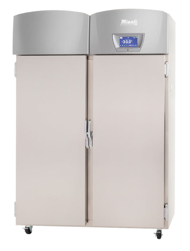 Migali Industries EVOX-2F-C Medical-Grade Freezer 44.9 Cu. Ft. - two solid door upright freezer, front quarter view