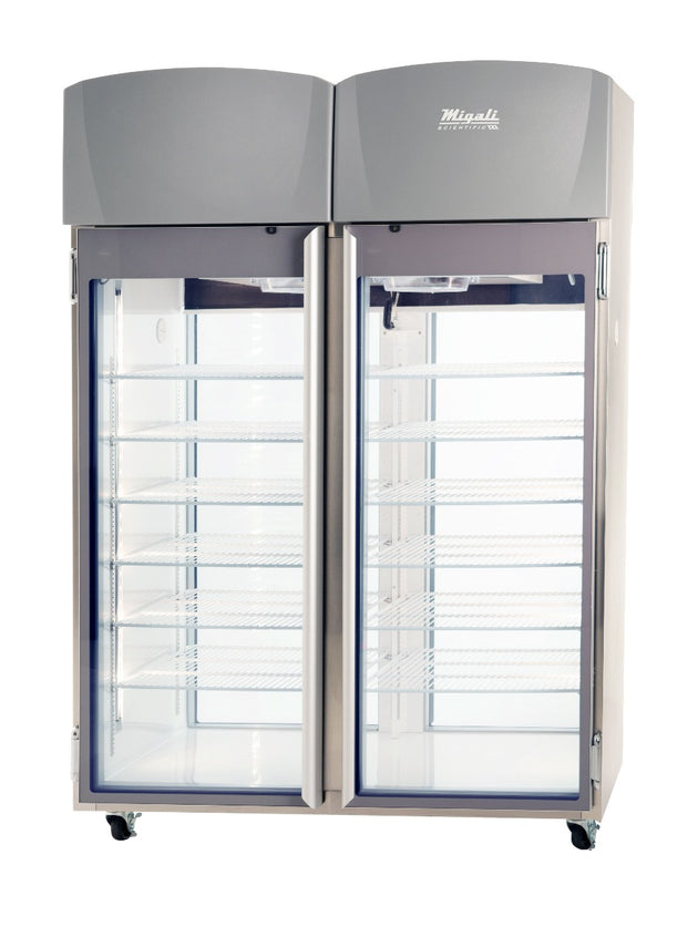 Migali Industries EVOX-2PT-LB-RC Clean Room Pass-thru Refrigerator - two glass doors, clean room side, interior lit with wire shelves