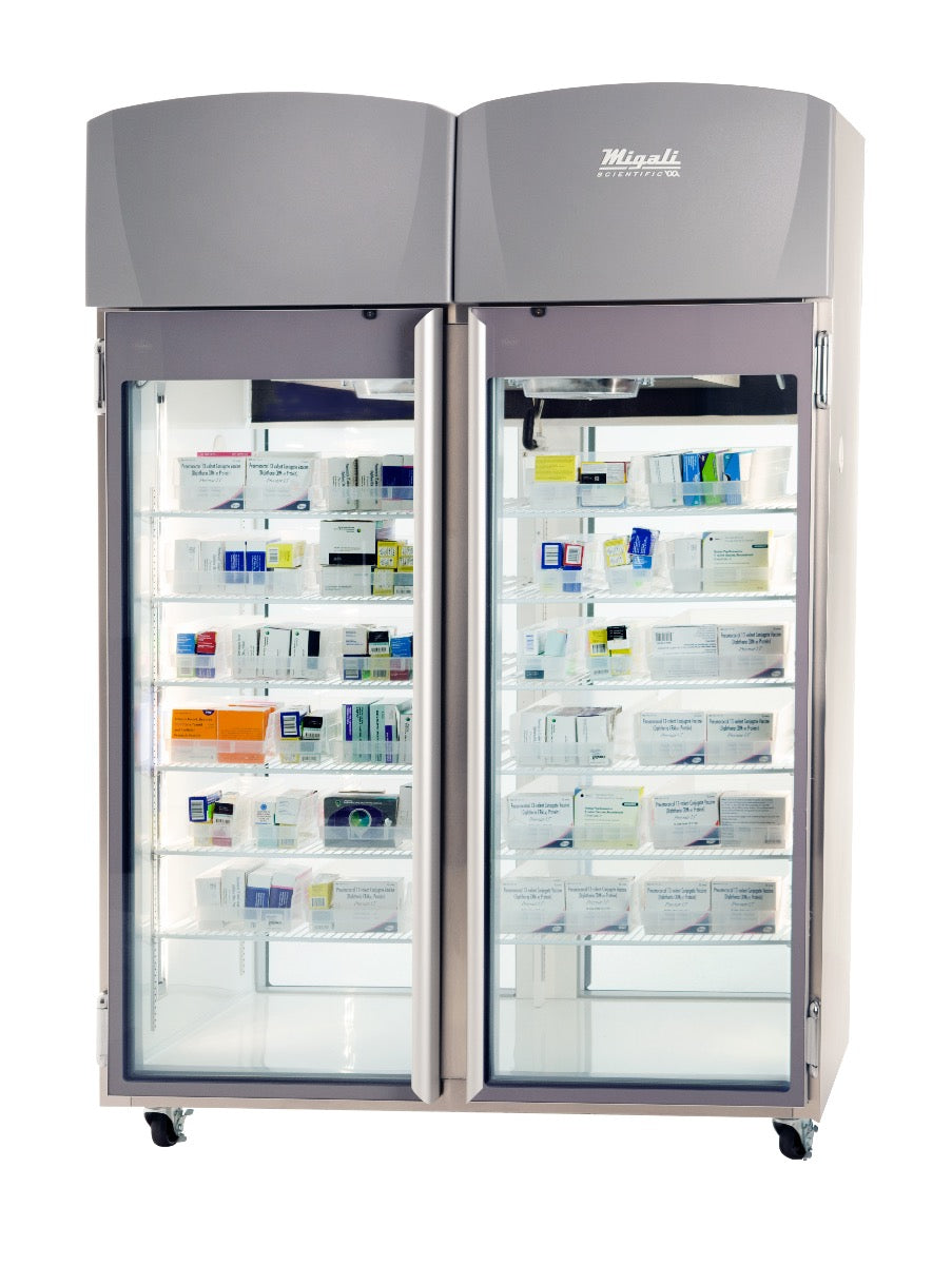 Migali Industries EVOX-2PT-LB-RC Clean Room Pass-thru Refrigerator - two glass doors, clean room side, front quarter view