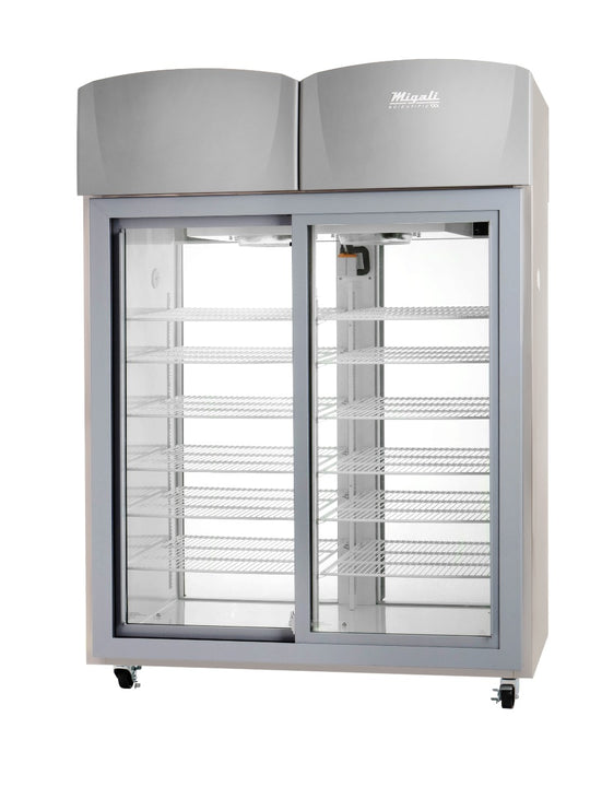 Migali Industries EVOX-2PT-SH-LB Clean Room Pass-thru Refrigerator 44.9 Cu. Ft. - two sliding glass doors with wire shelves, front view