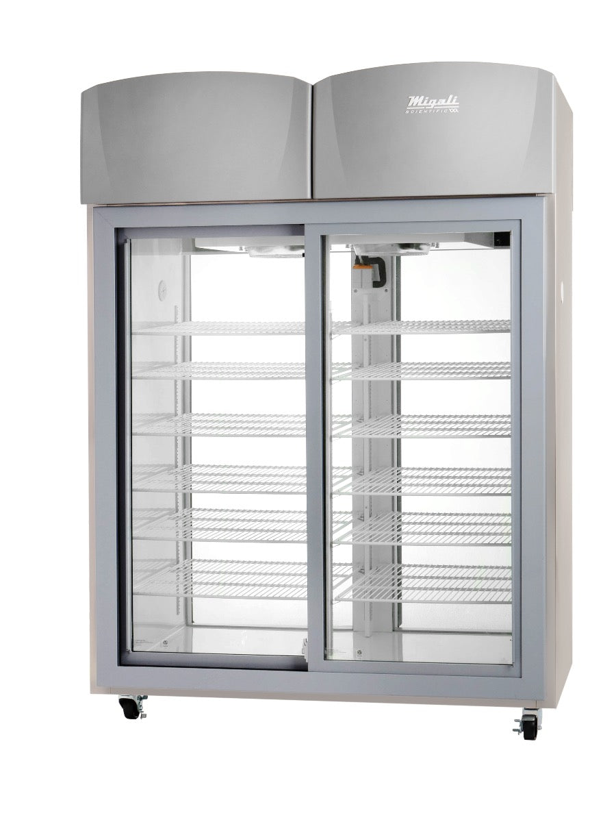 Migali Industries EVOX-2PT-SH-LB-RC Clean Room Pass-thru Refrigerator 44.9 Cu. Ft. - two sliding glass doors with wire shelves, front view