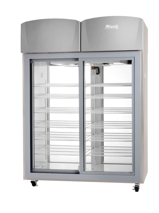 Migali Industries EVOX-2PT-SH-LB-RC Clean Room Pass-thru Refrigerator 44.9 Cu. Ft. - two sliding glass doors with wire shelves, front view
