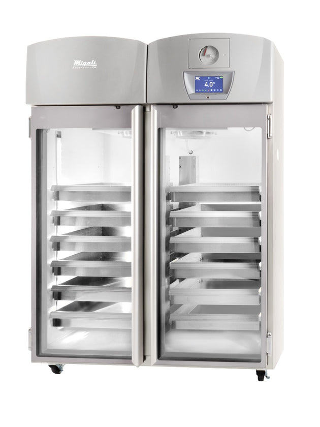 Migali Industries EVOX-2RG-BB Blood Bank Refrigerator 44.9 Cu. Ft. - two glass doors with pull-out blood storage baskets and chart recorder, front view