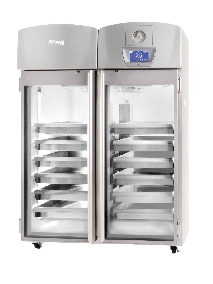 Migali Industries EVOX-2RG-BB Blood Bank Refrigerator 44.9 Cu. Ft. - two glass doors with pull-out blood storage baskets and chart recorder, front view