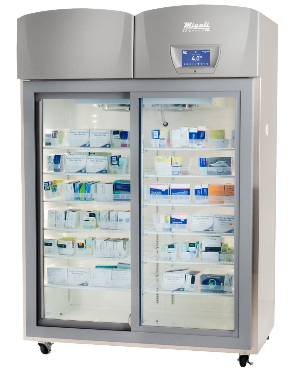 Migali Industries EVOX-2RGS-LB Medical-Grade Refrigerator 44.9 Cu. Ft. - two sliding glass door upright, front quarter view