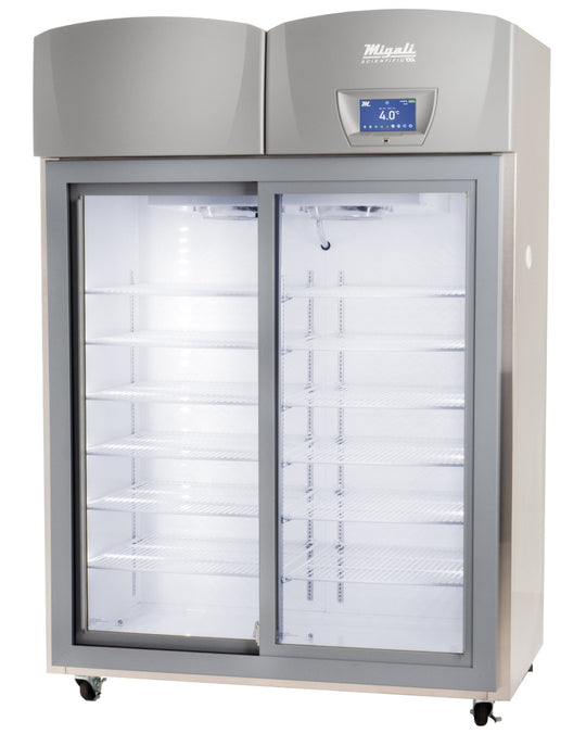 Migali Industries EVOX-2RGS-LB Medical-Grade Refrigerator 44.9 Cu. Ft. - two sliding glass door upright with wire shelves, front view