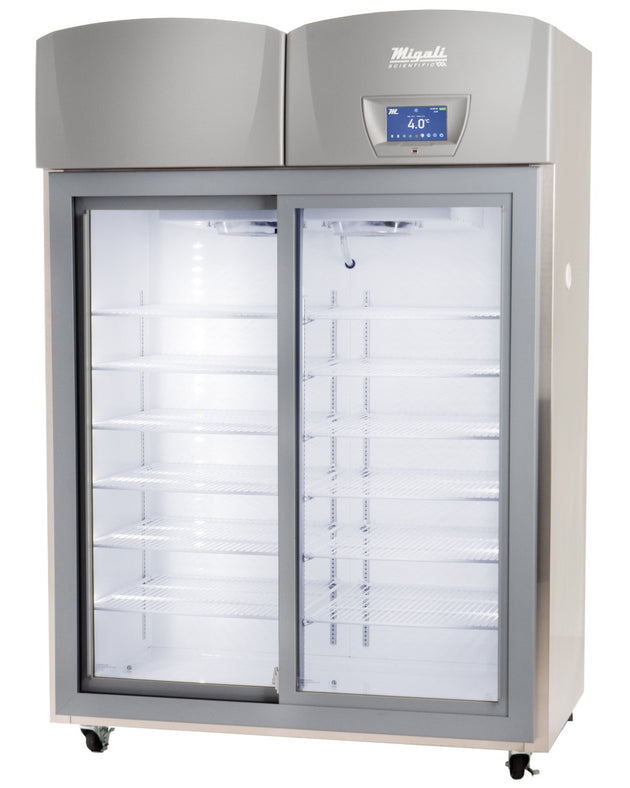 Migali Industries EVOX-2RGS-LB-RC Medical-Grade Refrigerator 44.9 Cu. Ft. - two sliding glass door upright with wire shelves, front view