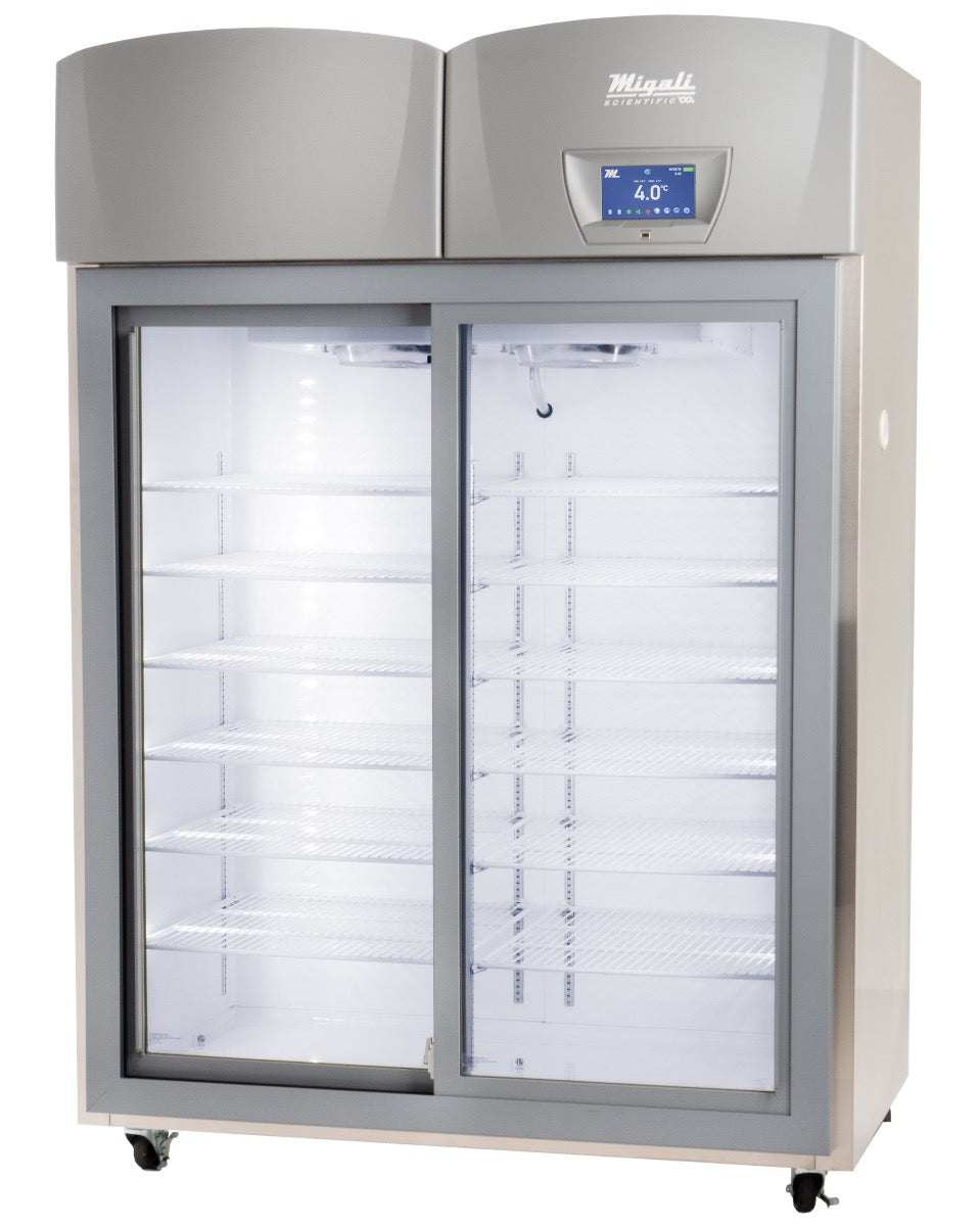 Migali Industries EVOX-2RGS-LB-RC Medical-Grade Refrigerator 44.9 Cu. Ft. - two sliding glass door upright with wire shelves, front view