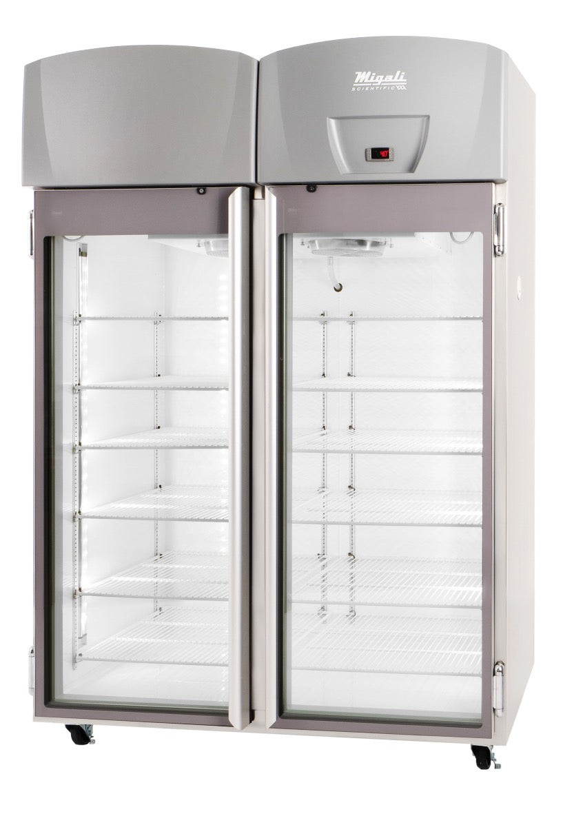 Migali Industries EVOX-2RG-C Medical-Grade Refrigerator 44.9 Cu. Ft. - two glass door upright with digital temperature controller, front quarter view