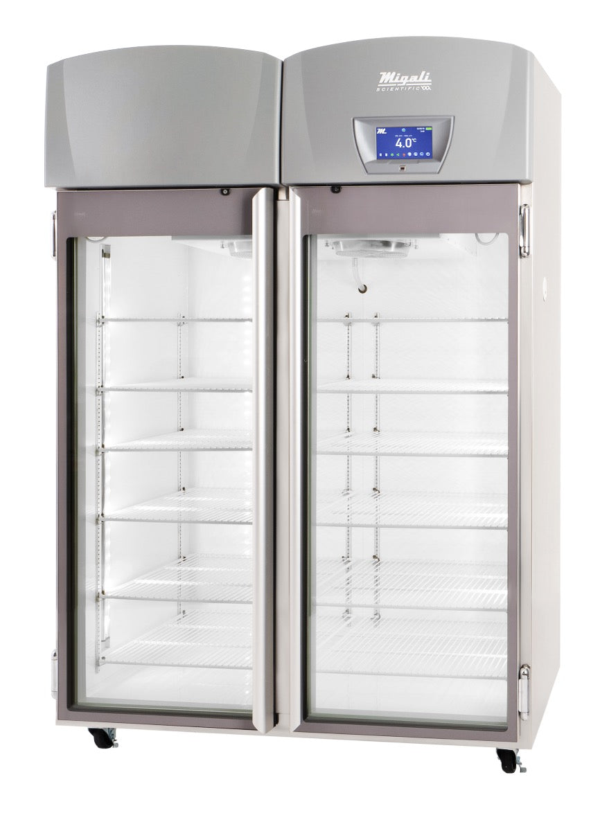 Migali Industries EVOX-2RG-PH Medical-Grade Refrigerator 44.9 Cu. Ft. - two glass door upright with wire shelves, front quarter view