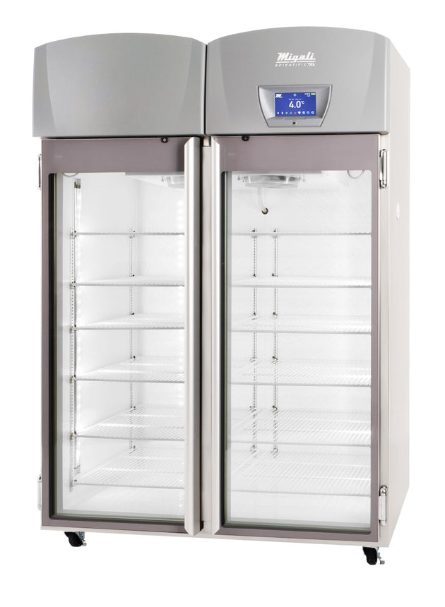 Migali Industries EVOX-2RG-C Medical-Grade Refrigerator 44.9 Cu. Ft. - two glass door upright with wire shelves, front quarter view