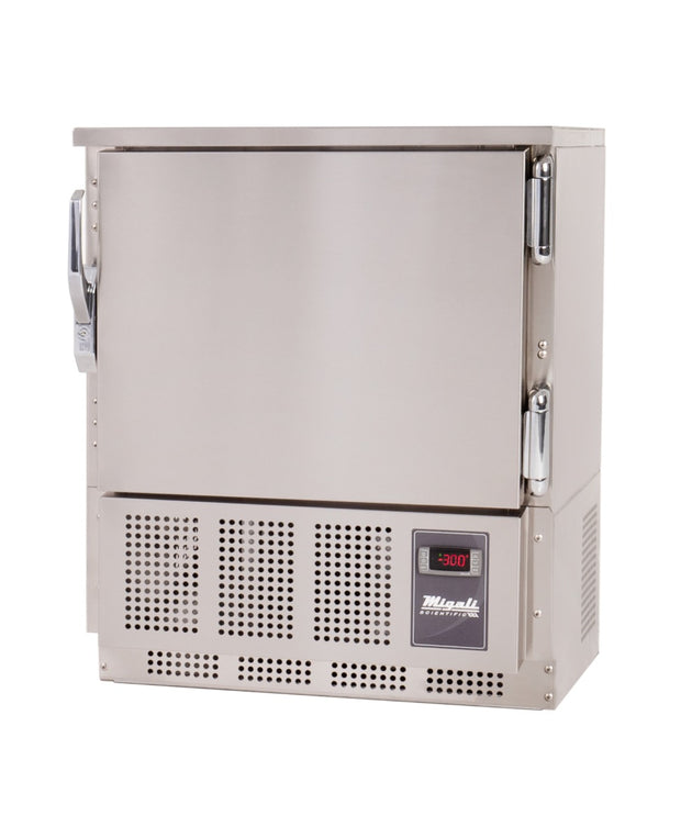 Migali Industries EVOX-U1F-PH Medical-Grade Freezer 4.2 Cu. Ft. - single solid door undercounter freezer at -30C, front quarter view
