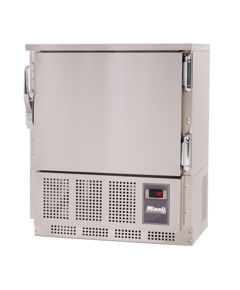 Migali Industries EVOX-U1R-LB Medical-Grade Refrigerator 4.2 Cu. Ft. - single solid door undercounter refrigerator, front quarter view