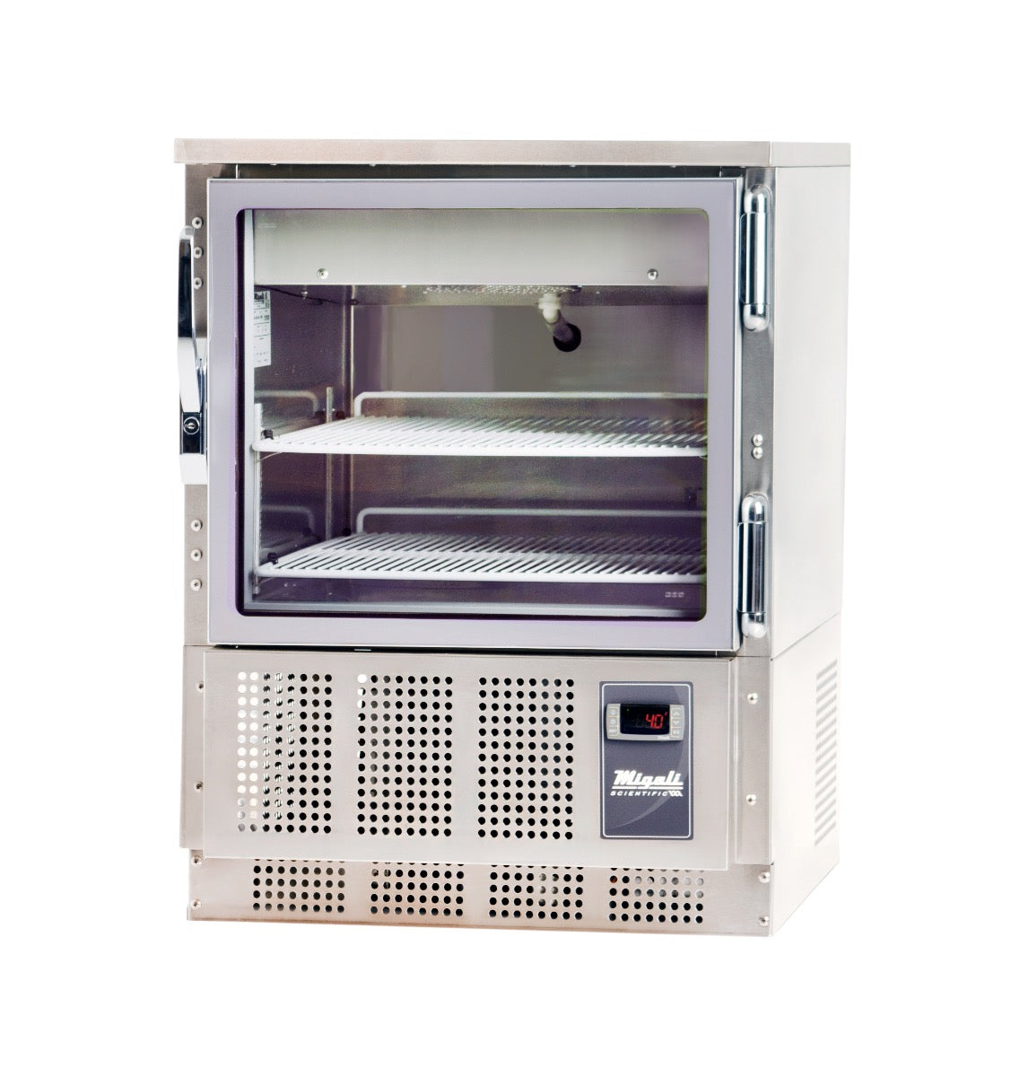 Migali Industries EVOX-U1RG-PH Medical-Grade Refrigerator 4.2 Cu. Ft. - single glass door undercounter refrigerator with wire shelves, front quarter view