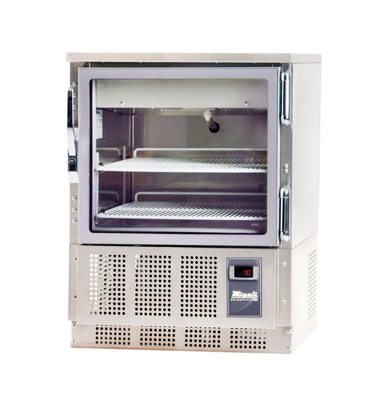 Migali Industries EVOX-U1RG-LB Medical-Grade Refrigerator 4.2 Cu. Ft. - single glass door undercounter refrigerator with wire shelves, front quarter view