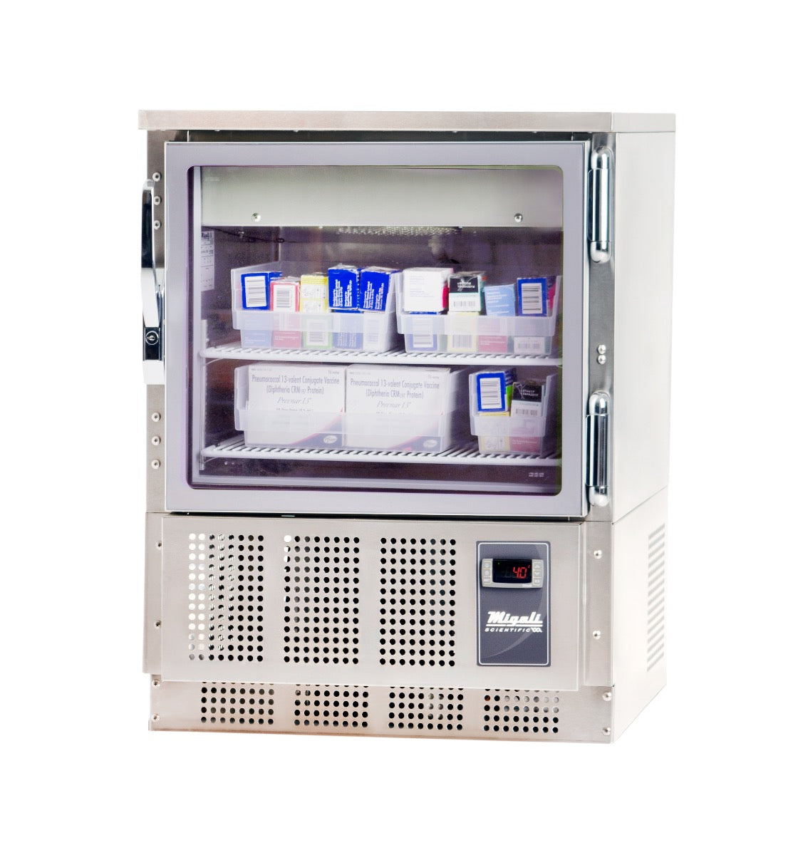 Migali Industries EVOX-U1RG-PH Medical-Grade Refrigerator 4.2 Cu. Ft. - single glass door undercounter refrigerator, front quarter view