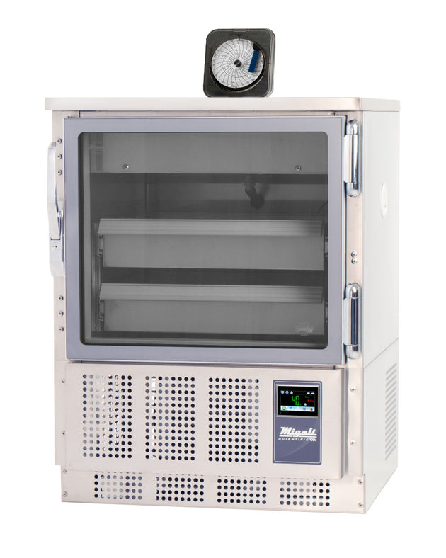 Migali Industries EVOX-U1RG-BB Blood Bank Refrigerator 4.2 Cu. Ft. - single glass door undercounter refrigerator with blood storage baskets and chart recorder, front view