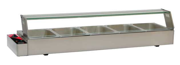 Omcan FW-CN-0125 57 inch bain marie with five half size pans and sneeze guard