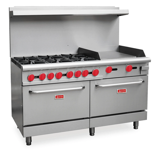 Omcan CE-CN-0006-GN 60 inch natural gas range with six burners griddle and two ovens