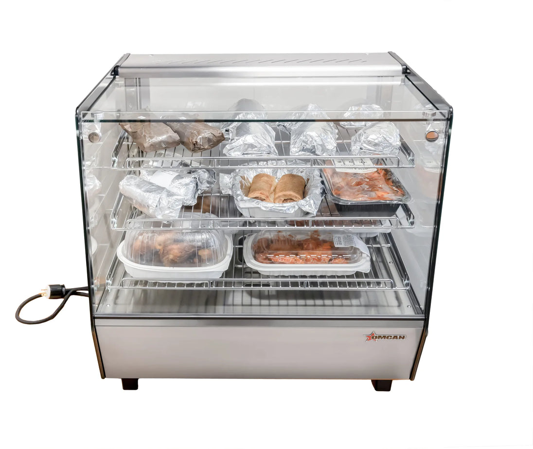 Omcan DW-CN-0120-5 27 inch countertop display warmer with three shelves and square glass