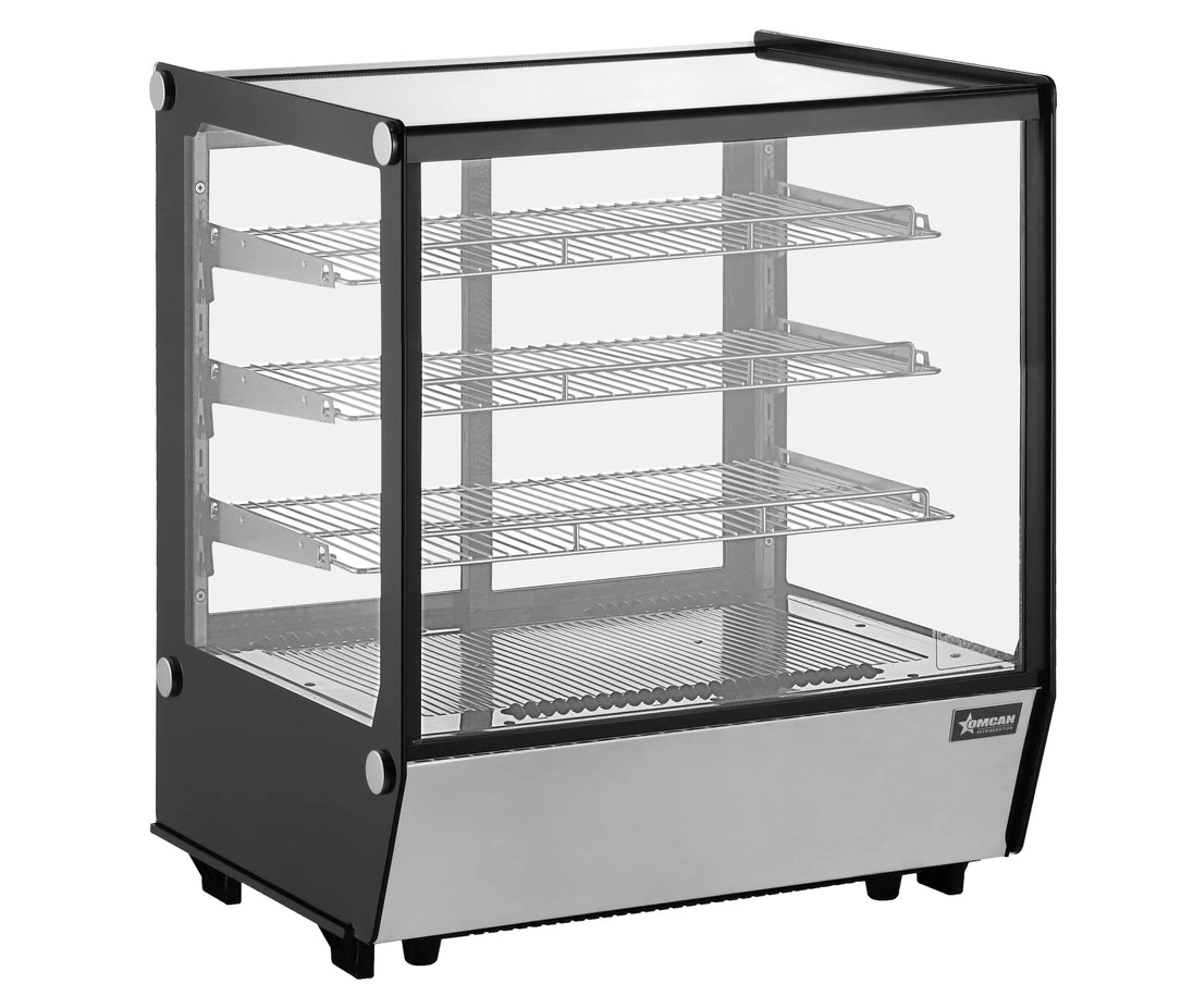 Omcan RS-CN-0145S-5 square glass countertop refrigerated showcase three shelf display