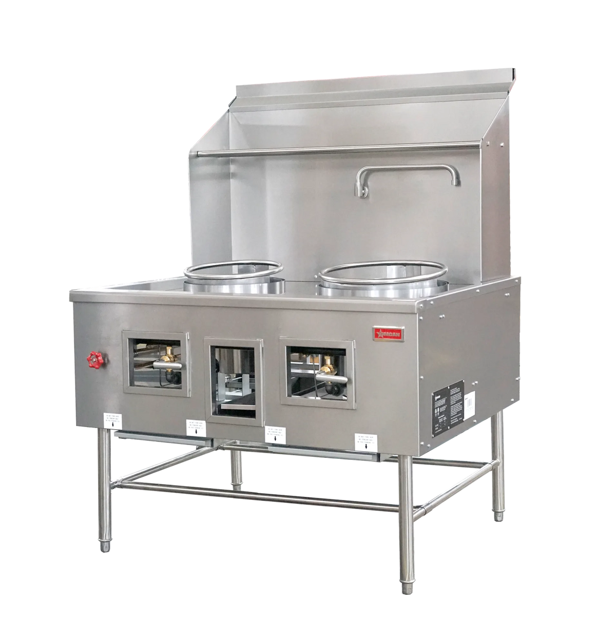 Omcan CE-CN-W2L1-NG two chamber natural gas wok range with 13 and 16 inch rings