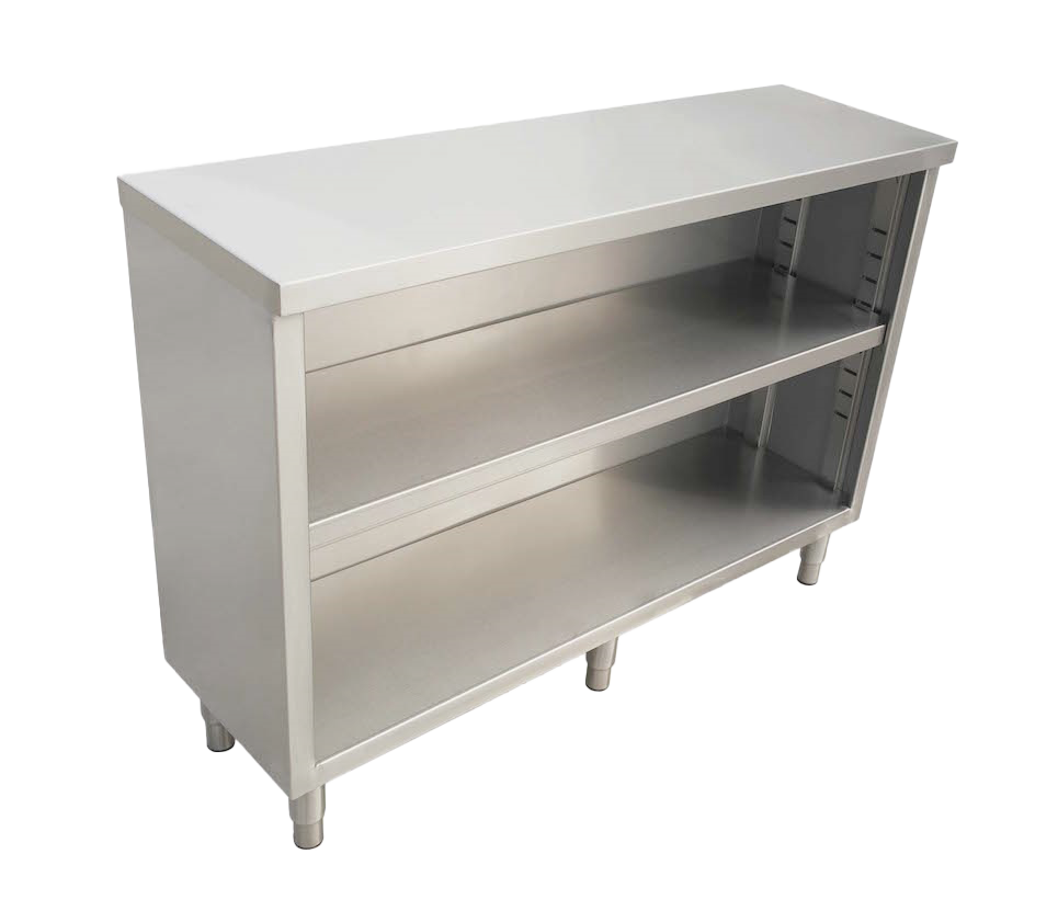 Omcan 49247 84 x 18 inch stainless steel open dish cabinet with middle shelf