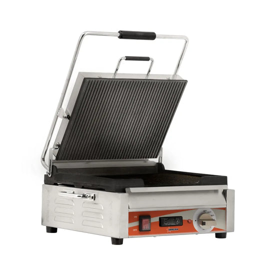 Omcan PG-CN-0679-RT single panini grill with grooved 12 x 15 inch plates and timer