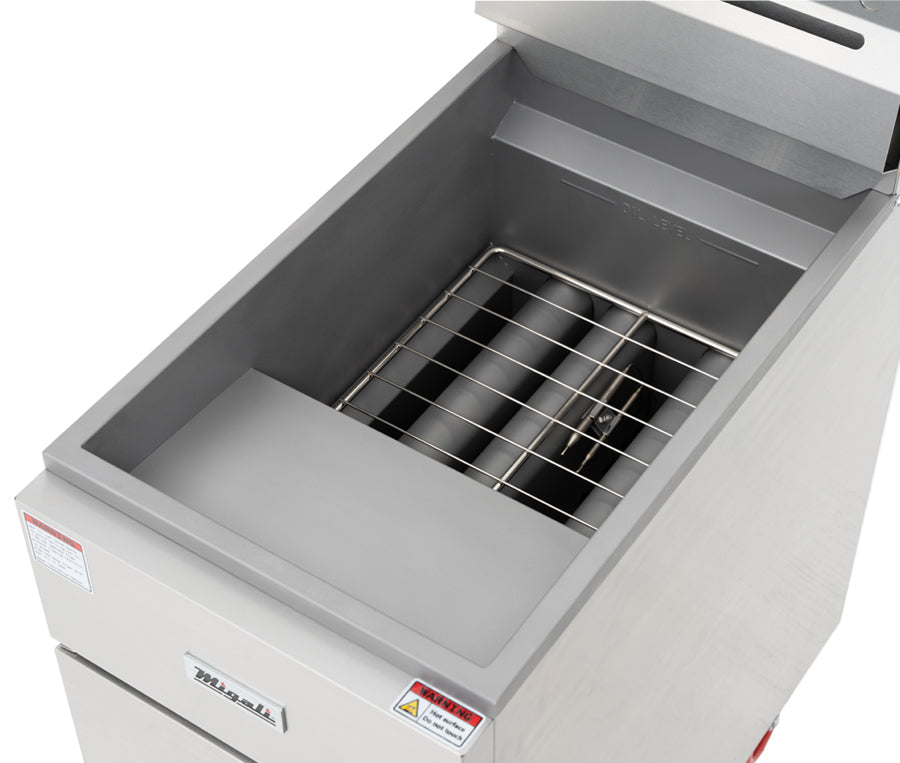 Migali Industries C-F35-LP 15 Inch Gas Deep Fryer - overhead view of the stainless steel fry tank and tube rack interior