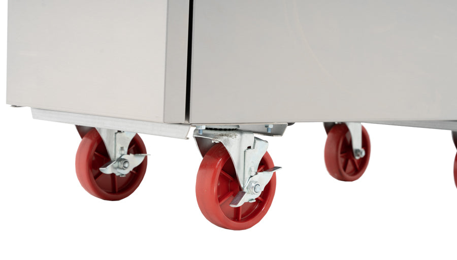 Migali Industries C-F35-LP 15 Inch Gas Deep Fryer - close-up of the heavy duty red swivel casters and stainless base