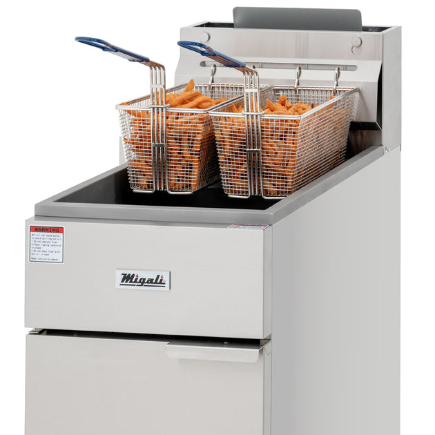 Migali Industries C-F35-LP 15 Inch Gas Deep Fryer - fry tank with two loaded fry baskets of french fries in place