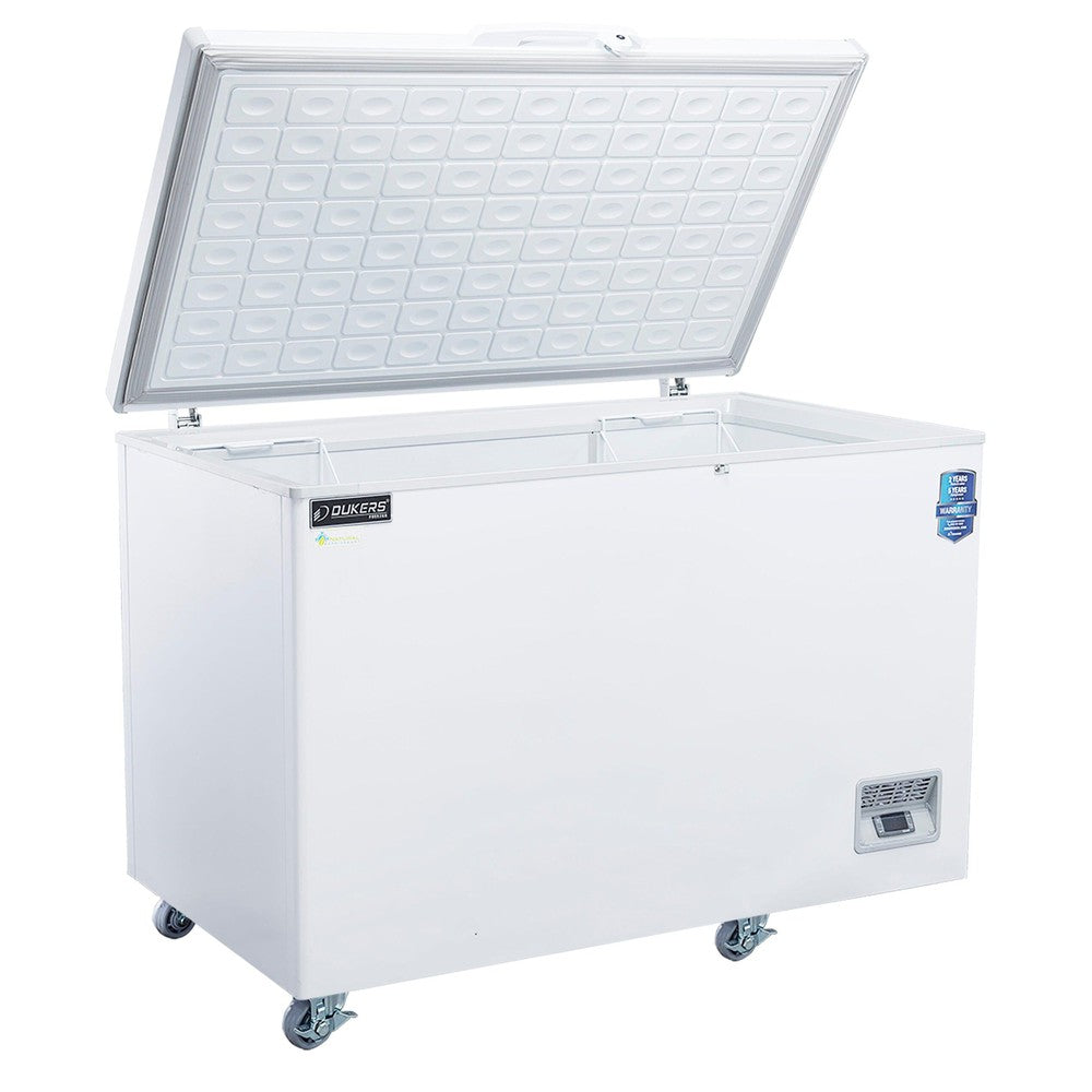 Dukers BD/BG-420 chest freezer with lid open showing interior and wire baskets
